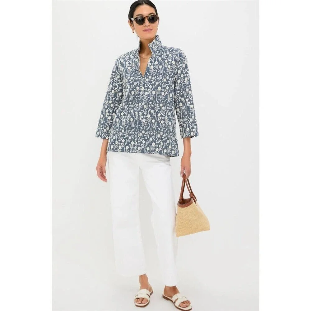 TUCKERNUCK Tunic Top Womens 2XL Blue White Floral Embroidered Popover - Picture 3 of 9